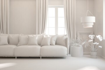 Mock up of stylish room in white color with sofa. Scandinavian interior design. 3D illustration