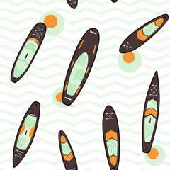 Stand Up Paddle Boarding SUP surfing elements  seamless pattern vector illustration with SUPboard, waves in scandinavian style design in orange, green, brown colors on a white background.