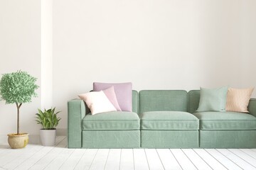 White living room with sofa. Scandinavian interior design. 3D illustration
