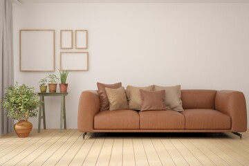 White living room with leather sofa. Scandinavian interior design. 3D illustration