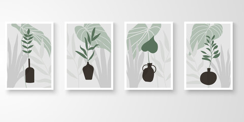 Set of wall art with frames. Modern line art drawing with abstract organic shape composition green tone. plants, pot art vector illustration.