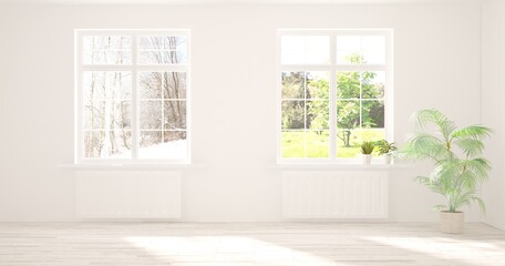 Fototapeta na wymiar Hight resolutuin image of white empty room concept with summer and winter landscape in window. Scandinavian interior design. 3D illustration