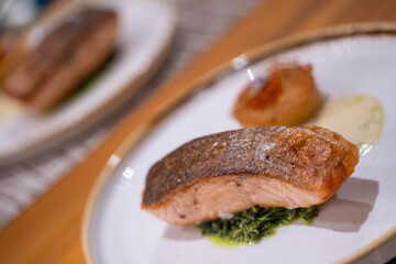 salmon steak with creamed spinach
