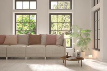 White living room with sofa and summer landscape in window. Scandinavian interior design. 3D illustration