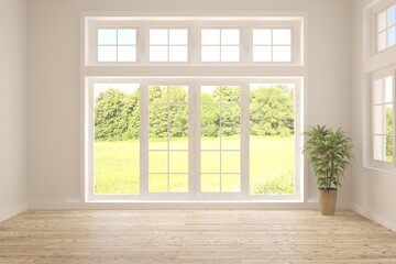 White empty room with summer landscape in window. Scandinavian interior design. 3D illustration