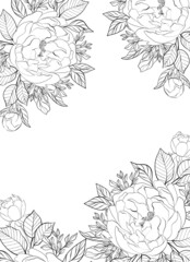 Floral frame. Greeting card design. Composition from botanical elements. Flowers and leaves in line art style.