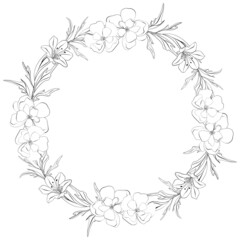 Flower wreath. Composition from botanical elements. Flowers and leaves in line art style.