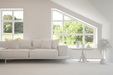 Mock up of stylish room in white color with sofa and green landscape in window. Scandinavian interior design. 3D illustration