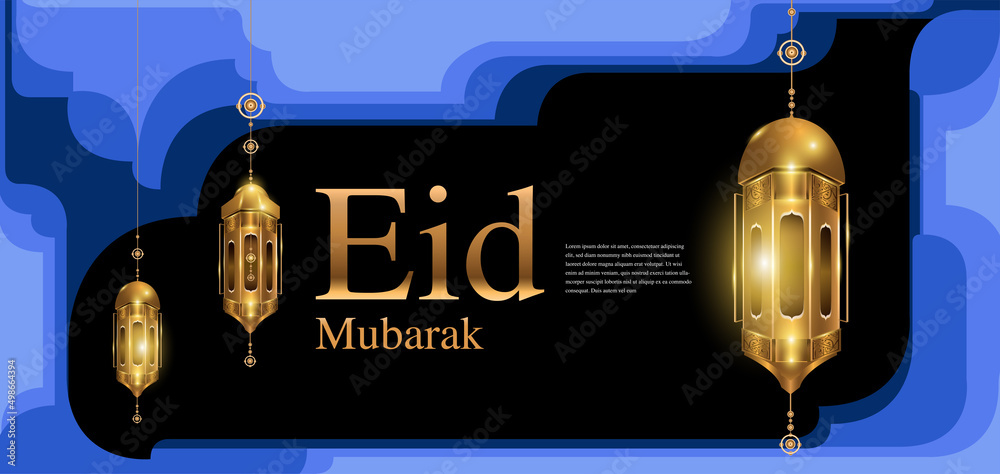 Wall mural Vector Illustration golden lantern and mosque for islamic eid mubarak card banner
