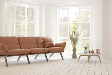 Minimalist living room in white color with sofa and summer landscape in window. Scandinavian interior design. 3D illustration