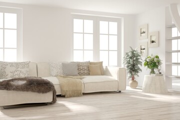 White living room with sofa. Scandinavian interior design. 3D illustration