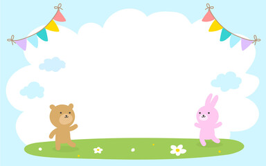 곰과 토끼 동물 캐릭터가 있는 들판 배경의 구름 프레임