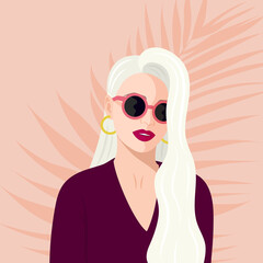 Portrait of a young stylish woman in sunglasses with long hair on the background of a palm branch. Vector illustration.