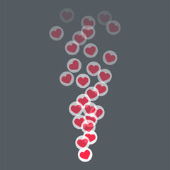 Likes flying up for stories and live streams. Red like icons for social media ui. Vector illlustration isolated in dark background