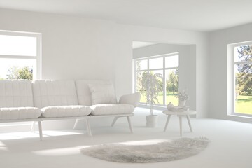 Mock up of stylish room in white color with sofa and green landscape in window. Scandinavian interior design. 3D illustration