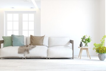 White living room with sofa. Scandinavian interior design. 3D illustration