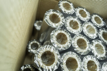 Packed thermal transfer ribbon in cardboard box. TTR. Wax thermo ribbon on cardboard reel for...