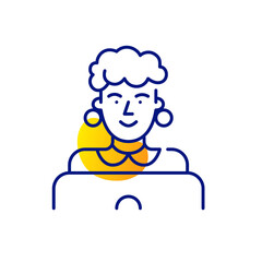 Stylish woman in retro clothes working at a laptop. Pixel perfect, editable stroke line art icon