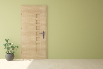 Green empty room with wooden door and green home plant. Scandinavian interior design. 3D illustration