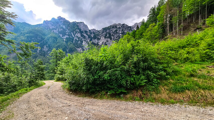 Fototapeta na wymiar A hiking path with scenic view on mountain peaks of Kamnik Savinja Alps in Carinthia, border Austria and Slovenia. Trail to Velika Baba in Vellacher Kotschna. Mountaineering. Freedom concept. Europe