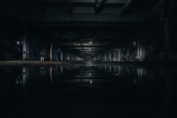 abandoned underground parking, underground warehouse at night - obrazy, fototapety, plakaty