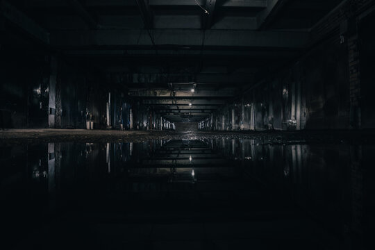 abandoned underground parking, underground warehouse at night