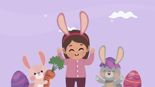 happy easter animation with girl and rabbits
