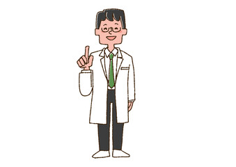 ポイントを説明する男性医師　コミカルな手書きの人物　ベクター、線画にカラー