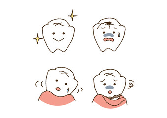 いろんな歯のキャラクターセット　コミカルな手書きの人物　ベクター、線画にカラー