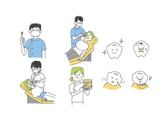 歯医者に関するイラストセット　コミカルな手書きの人物　ベクター、線画にカラー