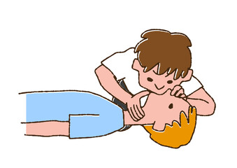 倒れいている患者に人工呼吸を施す男性　コミカルな手書きの人物　ベクター、線画にカラー