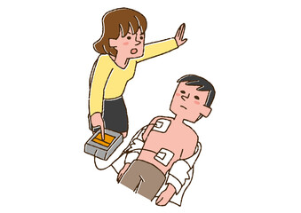 AEDを使用し患者を助けようとする女性　コミカルな手書きの人物　ベクター、線画にカラー