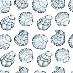 Watercolor hand drawn nautical seamless pattern with illustration of seashells isolated on white background. Graphic details. Marine blue underwater elements design. Print for wallpaper, fabric