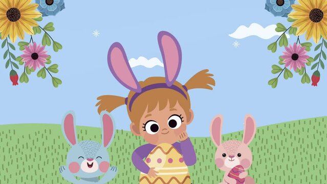 happy easter animation with little girl and rabbits