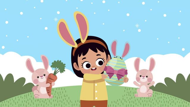 happy easter animation with girl and rabbits scene
