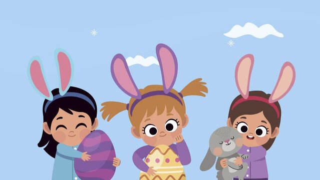 happy easter animation with three kids and rabbit