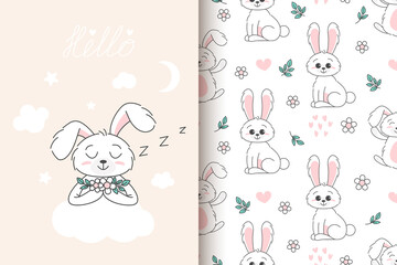 card, seamless pattern of a cute bunny. children concept. Happy easter rabbits different poses cartoon characters. Bunny with floral leafs. Design for baby, kids poster, card, invitaton. Vector