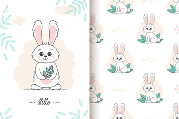 card, seamless pattern of a cute bunny. children concept. Happy easter rabbits different poses cartoon characters. Bunny with floral leafs. Design for baby, kids poster, card, invitaton. Vector
