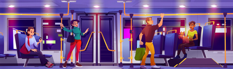 People ride in city bus at night. Vector cartoon illustration of autobus interior with seats, ticket validator, sitting woman with dog and standing man. Passengers in public transport in evening © klyaksun