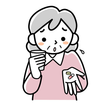recommend clip art: 困った表情で薬を飲むシニア女性