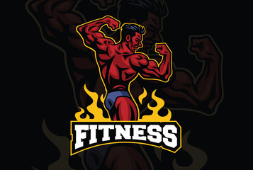 Bodybuilder Muscle Logo Design Mascot Sport Athlete Posing Premium Vector Template