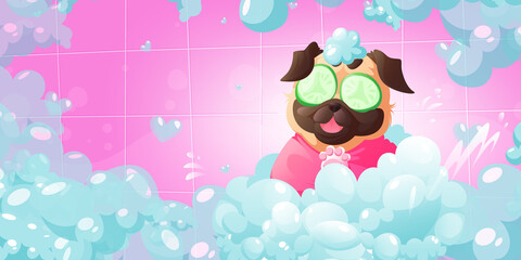 Dogs spa and pets grooming service concept. Funny pug puppy with cucumber slices on eyes and foam on head enjoying salon procedures take bath in tub with shampoo bubbles Cartoon vector illustration