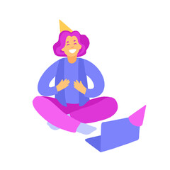 Young woman celebrates her birthday online. Girl sitting on the floor in front of a laptop.