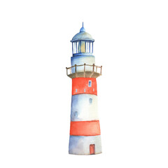 Watercolor hand painted lighthouse isolated on white background. Romantic illustration.