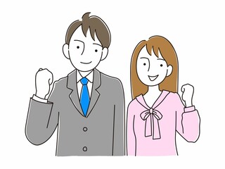 ガッツポーズをするビジネスマンとOL