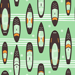 Stand Up Paddle Boarding SUP surfing elements seamless pattern vector illustration with SUPboard, waves in scandinavian style design in orange, brown colors on a green background.
