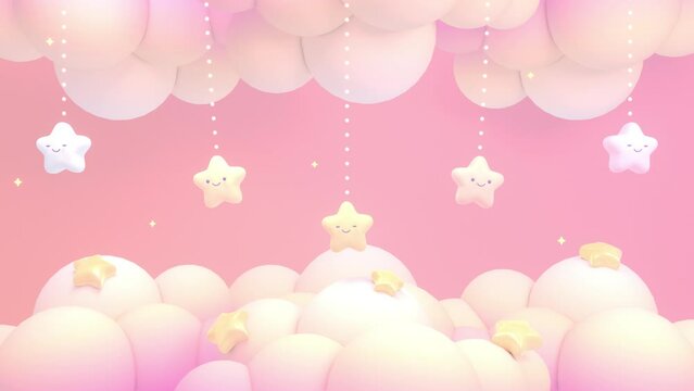 Looped cartoon pastel pink sky with white clouds and adorable hanging stars animation.