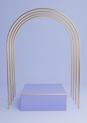 Light, pastel blue 3D rendering minimal product display cube podium or stand with luxury gold arches and golden lines. Simple background abstract composition.