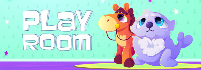 Play room cartoon banner with cute kids toys seal and horse on funny wallpaper background. Invitation flyer to kindergarten, baby nursery day care center, child recreation area, Vector illustration