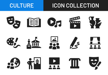 Culture icon collection. Containing history literature, ancient vase, theater, museum and art icon in black design. - obrazy, fototapety, plakaty